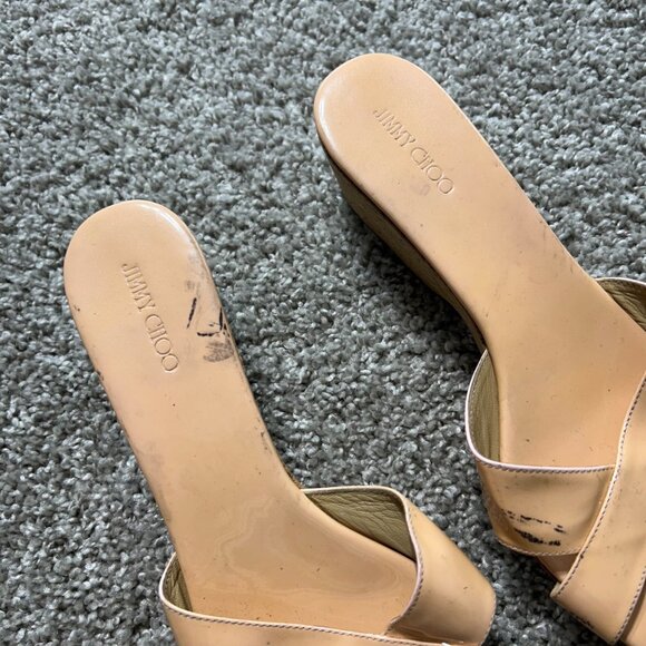 Jimmy Choo Womens 41 Nude Patent Leather Criss-Cross Wedge Slide Sandals - Picture 3 of 11
